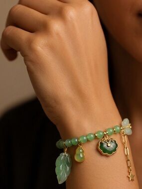Green Beaded Charm Bracelet with Gold Accents